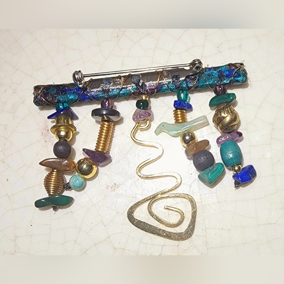 2 1/2 inch Egyptian revival bar dangle brooch, geometric charms, colorful - Picture 3 of 5